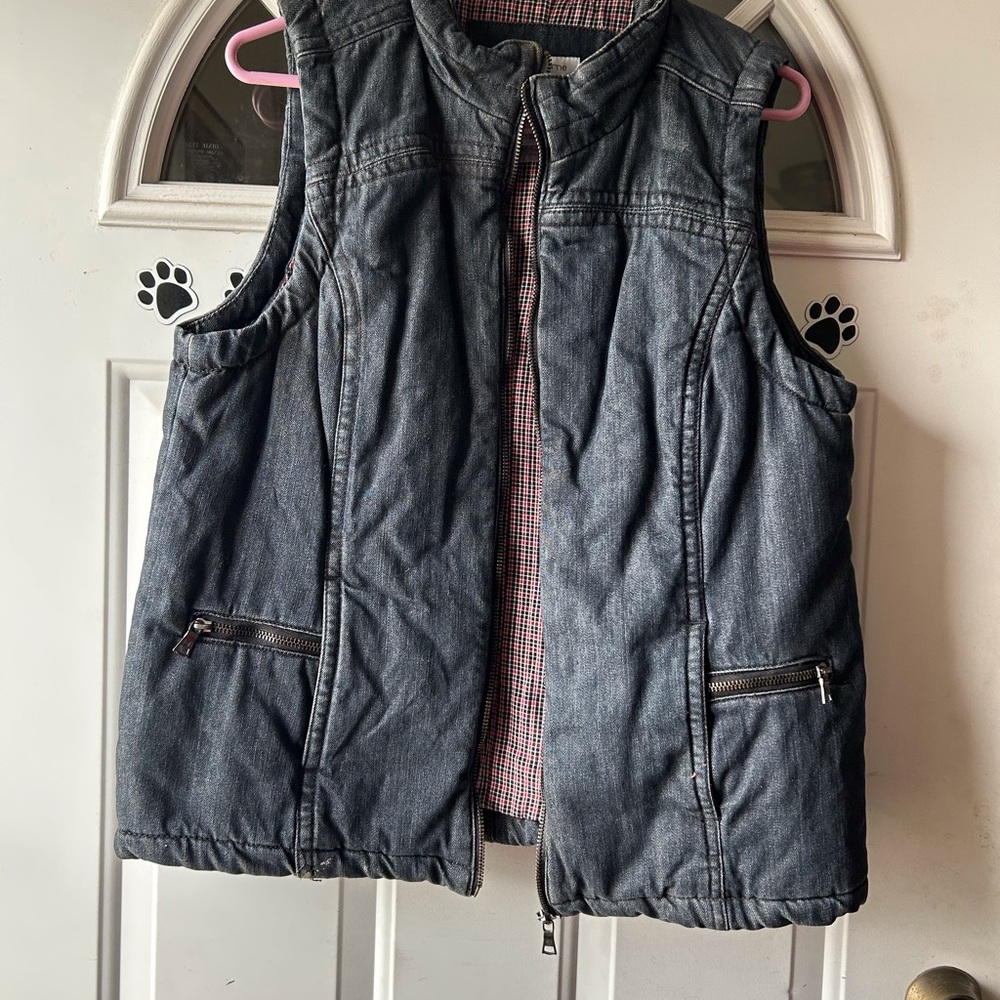 Liz Claiborne Dark Denim Jacket with Red and White Plaid Lining